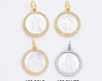 14K Gelbgold Rund Diamant Virgin Mutter Maria Anhänger 2.4