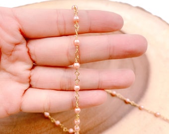 Metalic Champagne Pearl Chain, 18K Gold  Chain for Jewelry Making, Beaded Rosary, Bulk Wholesale, 4mm, CH184