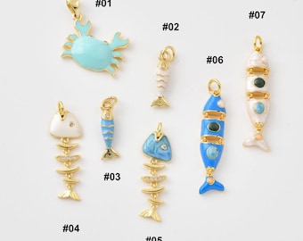 Gold Filled Enamel Sea Life Charm, Crab Fish Fish Bone Ocean Pendant, Nautical Coastal Marine Charm for DIY Necklace Bracelet Jewelry Lot029