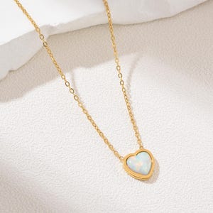 Gold Filled Opal Heart Necklace, Minimalist Stainless Steel Chain, Dainty Layering Pendant, Everyday Jewelry, Gift for Her, Handmade, SNL039