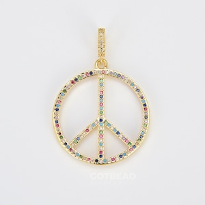 Rainbow Peace Sign Charm, 18K Gold Filled Peace Symbol Pendant, cz Charm Bracelet, Charm Necklace, 39x27mm, CP857-A1212