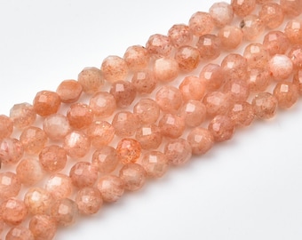 Sun Stone AAA Faceted Round Beads 4mm Natural Peach Genuine Shimmer Gemstone Full Strand for Jewelry Supply PRP1254