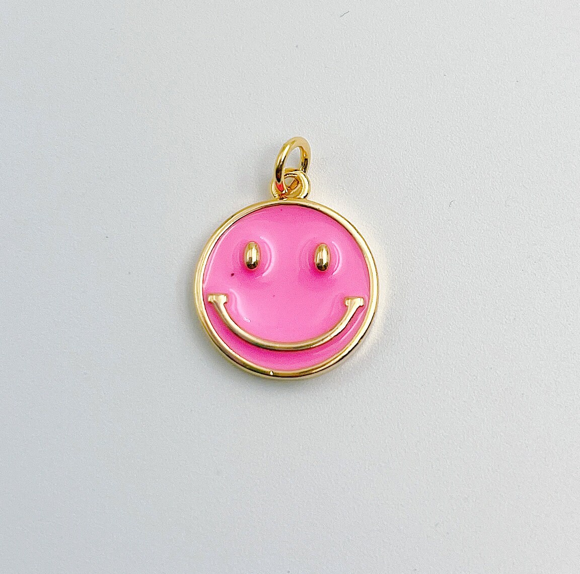 1pc Enamel Happy Charm, 18K Gold SMLY Face Charms, Green