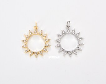 Ciondolo con ciondolo micro pavimentato Sun CZ, fascino del sole, fascino minimalista, fascino del sole, pendente del sole, zirconia cubica, fascino, 26x21mm, CP1085
