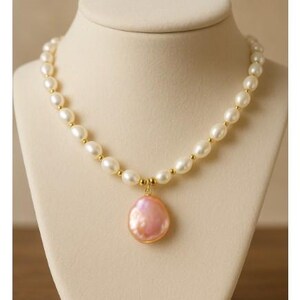 White Freshwater Pearl Necklace with Pink Baroque Pendant, Gold Filled Beaded Choker, Elegant Minimalist Jewelry Gift for Women, NL099