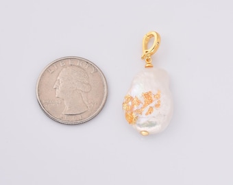 Gold Filled Baroque Pearl Pendant with Gold Flakes, Irregular Freshwater Pearl Charm for DIY Jewelry, Necklace Making, Gift for Her, CP2240