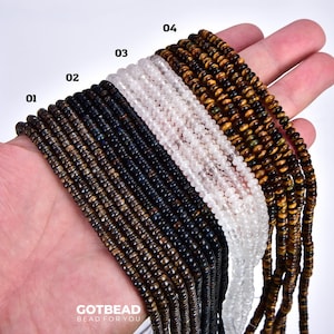 May include: Four strands of beads in different colors, including brown, black, white, and tiger's eye. The beads are all round and have a smooth finish. The strands are labeled with numbers 01 through 04.