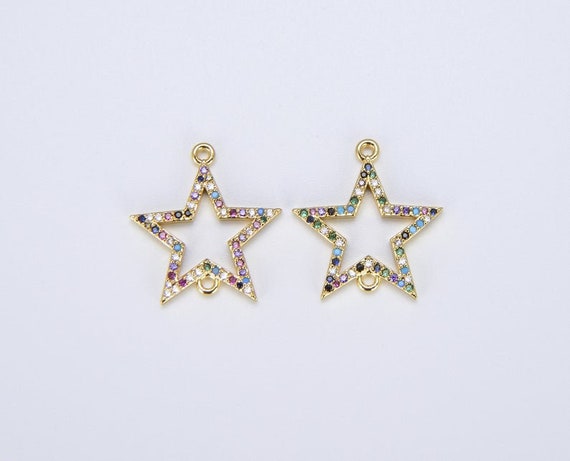 Multi CZ Star Charm Connector, Pave Star Pendant, 18K Gold Star