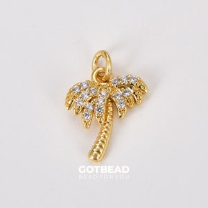 Palm Tree Charm, 18K Gold CZ Micro Pave Palm Tree Pendant, Cubic Zirconia, Hawaiian Charm, Tropical Tree Pendant, 13x10mm, CP252