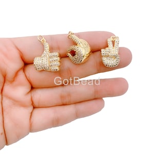 24K Gold Filled  Hand Sign Charm, CZ Micro Pave Hand Sign Pendant, Okay Hand Sign, Peace Hand Sign, Thumbs Up Hand, 12/14/18mm, CP1171