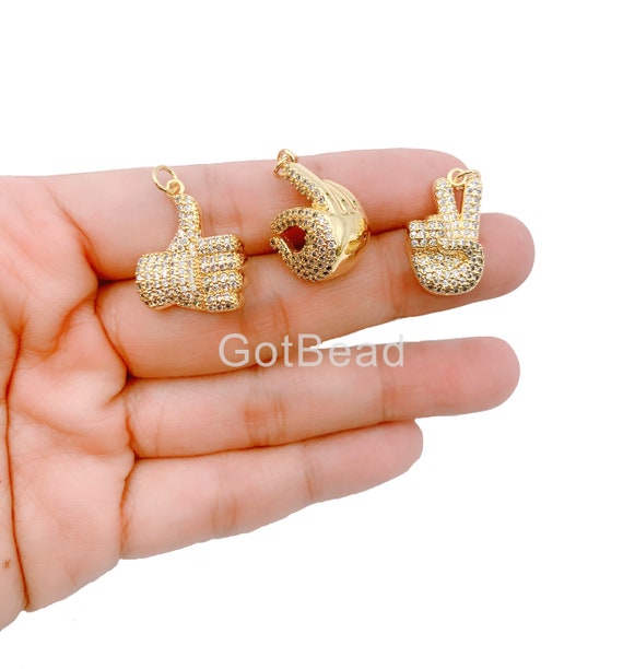 24K Gold Filled  Hand Sign Charm, CZ Micro Pave Hand Sign Pendant, Okay Hand Sign, Peace Hand Sign, Thumbs Up Hand, 12/14/18mm, CP1171