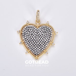 Ciondolo a forma di cuore grande, ciondolo a forma di cuore riempito d'oro, ciondolo a forma di cuore con micro pavé di zirconi cubici per fornitura di gioielli per collane e bracciali, 37 x 29 mm, CP1865