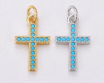 Gold Filled Turquoise Cross Pendant, Turquoise Christian Cross Charm, Gold Cross Necklace Pendant, Jewelry Making Supply, CP007