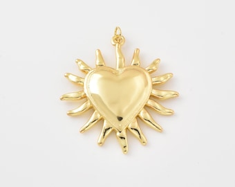 Gold Filled Heart Sun Charm, Puffy Heart Pendant, Sunburst Charm, Celestial Heart Pendant, Minimalist Jewelry Supply, Gift for Her, CP2500