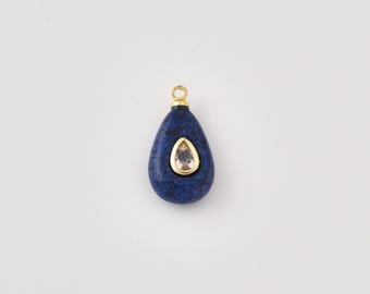 Gold Filled Lapis Lazuli Teardrop Charm with Clear CZ, Lapis Gemstone Pendant, Blue Stone Necklace Bracelet Charm DIY Jewelry, CP2491