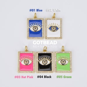 Colorful Enamel Evil Eye on Rectangle Pendant, 18K Gold Filled  CZ Micro Pave Tag Charm, Necklace Bracelet Charm Pendant, 24x15mm, CP1512