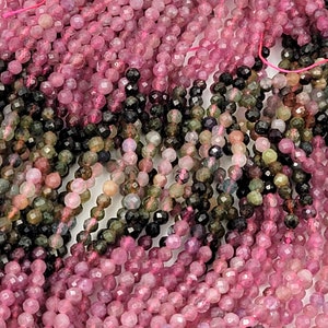 AAA Micro Faceted Natural Pink Tourmaline Faceted 3mm and 4mm Round Beads Diamond Cut Gemstone Beads 15.5" Full Strand PRP524