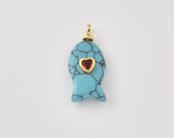Gold Filled Turquoise Fish Charm, Amber CZ Fish Pendant, Gemstone Ocean Jewelry Finding for Necklace Bracelet DIY, Gift for Her, CP2487