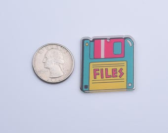 Retro Floppy Disk Charm, 90s 'Files' Acrylic Keychain, Vintage Computer Accessory, Geeky Tech Bag or Planner Charm, CP2213