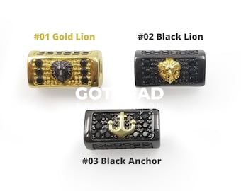 24K Gold Lion Head/Anchor Bead Tube Spacer Bead Black CZ Pave Tube Spacer Beads for Men/Women Jewelry Making 14mm BD072