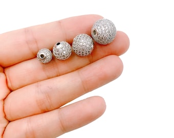 SILVER Round Ball Beads, CZ Micro Pave Ball Beads, Shamballa Ball Beads, Cubic Zirconia, CZ Pave Beads, 4,5,6,8,10,12,14,16,20mm, BD051