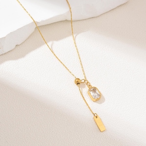 Gold Filled Y Crystal Drop Necklace, Dainty Minimalist Chain, Stainless Steel Jewelry, Elegant Layering Gift for Her, Adjustable, SNL033