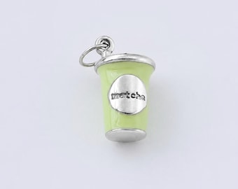 Silver Matcha Cup Charm, Green Tea Drink Charm, Coffee Cup Pendant, Enamel Beverage Jewelry Making Supply, Necklace Bracelet Charm CP2305