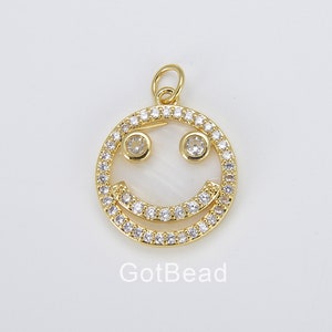 18K Gold Filled  Micro Pave Charm Dainty Happy Smile Pendant Gold SMLY Face Emoji Charm Bracelet Earring Necklace, 23x17mm, CP1441
