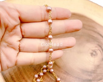 Pink Shell Pearl Beaded Chain  , 18K Gold  Chain for Jewelry Making, Beaded Chain, Bulk Wholesale for Necklace Bracelet, CH200