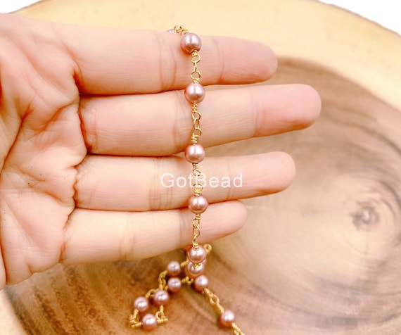 Pink Shell Pearl Beaded Chain by Yard, 18K Gold Chain for Jewelry