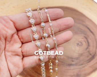 Heart Pearl Chain, Gold Filled Pearl Chain by Foot, White Pearl Wholesale Bulk Roll Chain for Jewelry Making, CH296