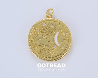 Enamel Celestial Charm, Gold Round Coin Disc Sun Moon and Star Pendant, Celestial Medallion Charm for Necklace Bracelet Component, CP1636