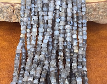 Labradorite Cube Beads 4x4mm, Faceted Gray Flash Gemstone Bead Strand for Bracelets, Necklaces and Jewelry Making PRP1336