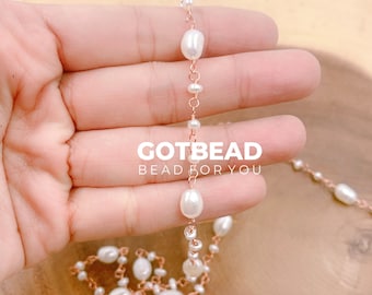 Freshwater Pearl Beaded Chain, Rose Gold Finish Fresh Water Pearl Chain by Foot, White Fresh Water Pearl Chain, Approx. 6-7mm, CH241