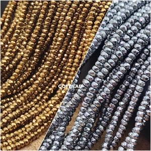 Faceted Hematite Rondelle Cut beads 4x3mm Diamond Micro Cut Sparkling Natural Gold Silver Gemstone Beads 15.5&quot; Full Strand, ORG187