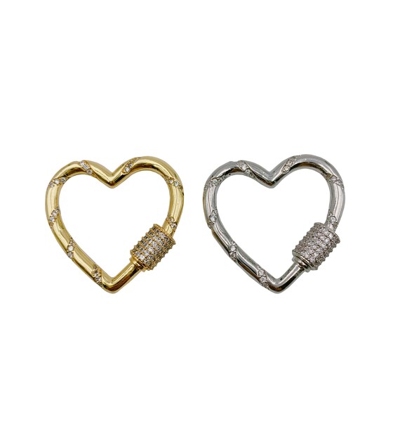 Gold Heart Carabiner Clasp, Gold CZ Screw Clasp Micro Pave Heart