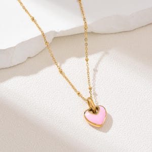 Gold Filled Pink Heart Pendant Necklace, Minimalist Stainless Steel Chain, Dainty Layering Jewelry, Romantic Gift for Her, Handmade, SNL047