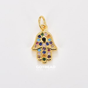 Hamsa Hand Charm Pendant, 18K Gold Filled Rainbow CZ Hand Of Fatima, Hamsa Charm, Hamsa Pendant, Hamsa Necklace, 17x9mm, CP862