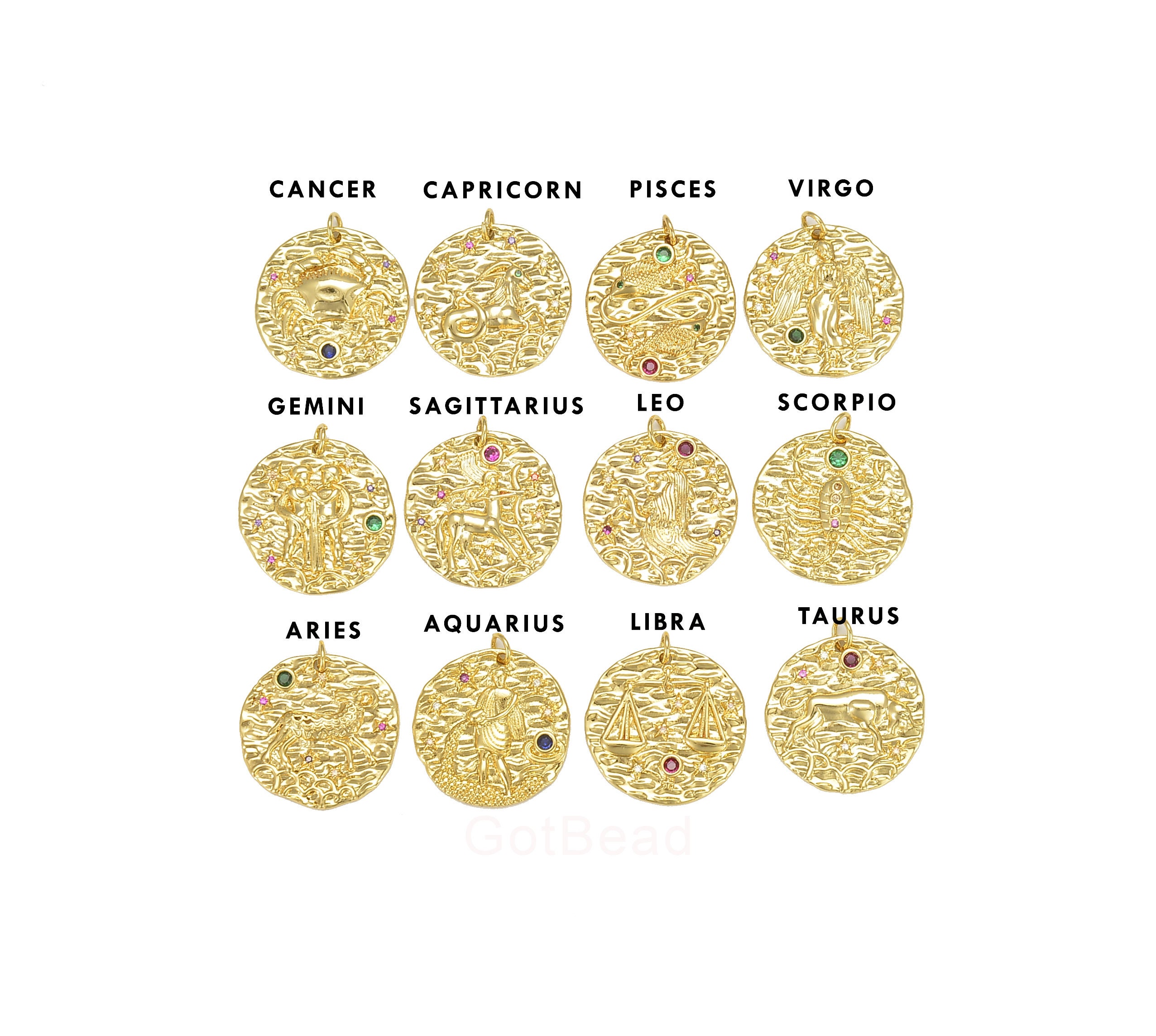 18K Gold Filled Charm Medallion Gem Stone Zodiac Sign Charm for