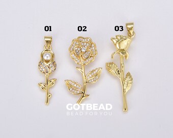Dainty Rose Pearl Charm, Gold Filled Rose Flower Pendant, CZ Flower Charm for Bracelet Necklace Jewelry Making Component, CP_Batch74
