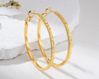 Gold Plated Textured Hoop Earrings, Hammered Finish Large Round Hoops for Women, Statement Lightweight Jewelry Gift, Classic Style, ER346