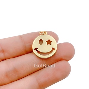 14K Gold  Happy Face Charm, Gold Emoji Charm Star Smile Charm Pendant Smiley Face Charms for Necklace Earring Bracelet Supply, CP1248
