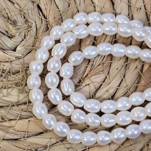 White 6-7mm Rice Fresh water Pearl Gemstone beads. Full 7.5” strand of rice shaped pearls Large Hole Pearl Beads FWP041