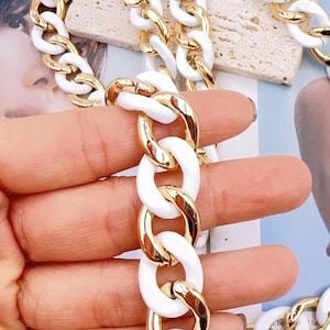 Large Chunky Link Chain by Foot, Gold Filled & White Enamel Light Weight Chain by Yard, Paperclip Chain, Wholesale Bulk Roll Chain, CH343