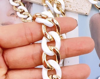 Large Chunky Link Chain by Foot, Gold Filled & White Enamel Light Weight Chain, Paperclip Chain, Wholesale Bulk Roll Chain, CH343