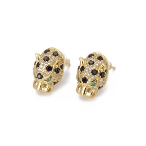Panther CZ Micro Pave 18k Gold  Push Back Earrings, Leopard Earrings, Cat Earrings, Jaguar Earrings, 15x10mm, ER087