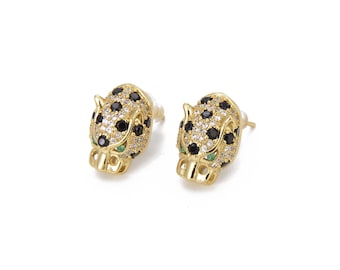 Panther CZ Micro Pave 18k Gold Push Back Ohrringe, Leopard Ohrringe, Katzenohrringe, Jaguar Ohrringe, 15 x 10 mm, ER087