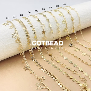 Star Chain By Foot, Gold Filled Star Crescent Moon Pearl Chain, Dainty Unfinished Chain, Wholesale Bulk Roll Chain, Sold by Feet, CH_Batch13
