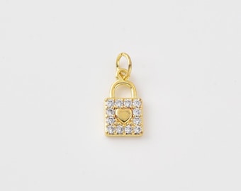 Gold Filled Heart Padlock Charm, CZ Lock Pendant, Dainty Love Lock Charm for Necklace Bracelet, DIY Jewelry Supply, Gift for Her, CP2494