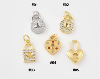 Gold Filled Lock Charm Pendant, Heart Padlock Keyhole Charm, CZ Lock Pendant for Necklace Bracelet DIY Jewelry, Gift for Her, Lot031